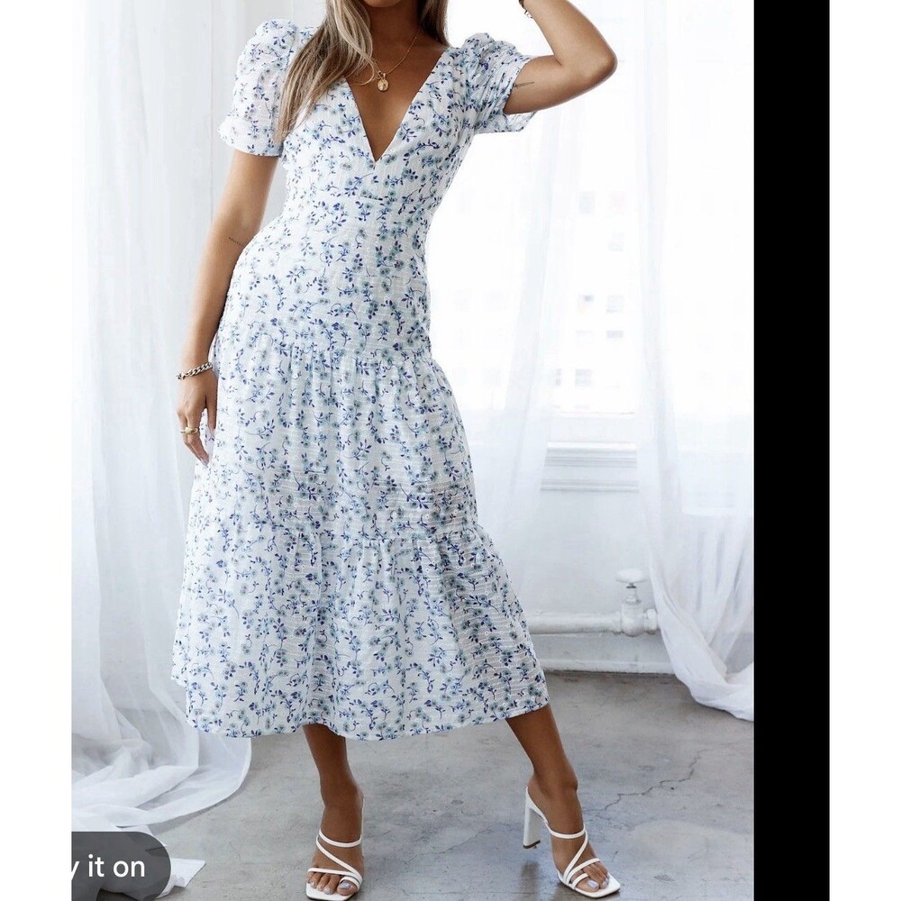 Hello Molly Flower Garden Midi Dress Blue Small